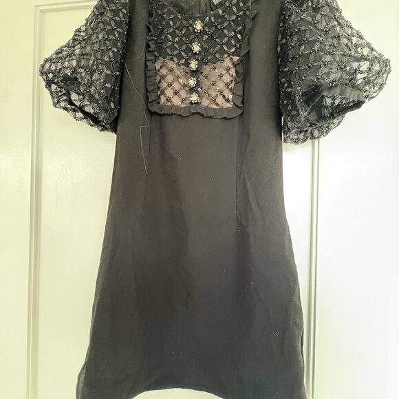 Self-Portrait Mini Dress Black Crepe LBD Puff Sleeves Lace Embellished Bib Sz 6 - Picture 5 of 9